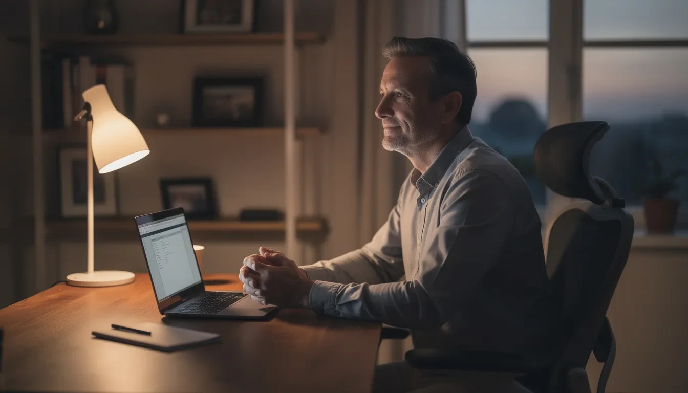 A mid-career professional in their late 40s sits thoughtfully at a home desk with a laptop during the evening, contemplating their next steps in career reinvention and exploring new opportunities for a brighter future. The scene reflects the journey of career transitions, emphasizing the importance of career clarity and the right mindset for pursuing a fulfilling second act.